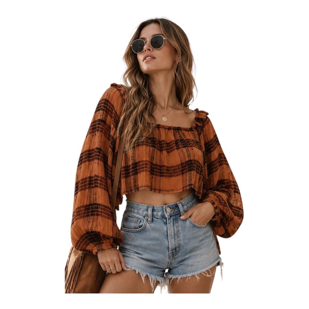 Anthropologie Kimchi Blue Balloon Sleeve Cropped Boho Top Rust Black S